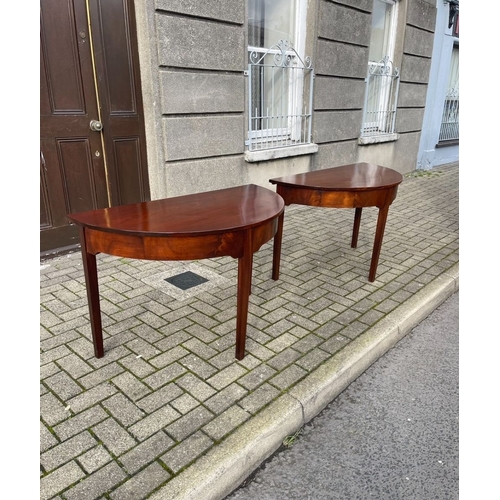 28 - A PAIR OF EARLY IRISH MAHOGANY DEMI LUNE SIDE TABLES, excellent condition, half moon/demi lune shape... 