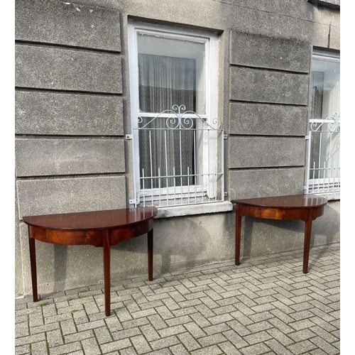 28 - A PAIR OF EARLY IRISH MAHOGANY DEMI LUNE SIDE TABLES, excellent condition, half moon/demi lune shape... 