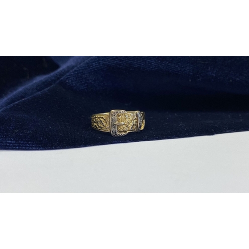 280 - A BEAUTIFUL 9CT YELLOW GOLD DIAMOND BELT RING, the band encrusted to round cut diamonds, surrounded ... 