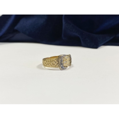 280 - A BEAUTIFUL 9CT YELLOW GOLD DIAMOND BELT RING, the band encrusted to round cut diamonds, surrounded ... 