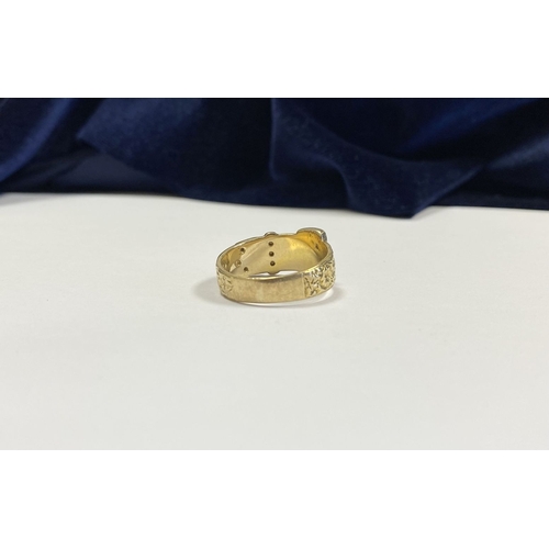 280 - A BEAUTIFUL 9CT YELLOW GOLD DIAMOND BELT RING, the band encrusted to round cut diamonds, surrounded ... 