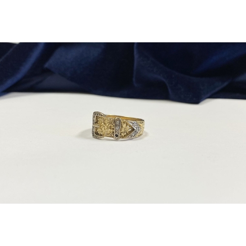 280 - A BEAUTIFUL 9CT YELLOW GOLD DIAMOND BELT RING, the band encrusted to round cut diamonds, surrounded ... 