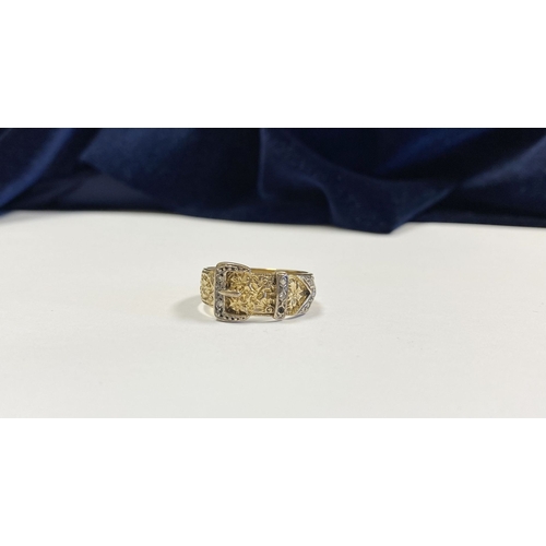 280 - A BEAUTIFUL 9CT YELLOW GOLD DIAMOND BELT RING, the band encrusted to round cut diamonds, surrounded ... 