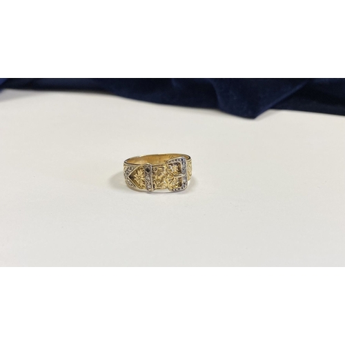 280 - A BEAUTIFUL 9CT YELLOW GOLD DIAMOND BELT RING, the band encrusted to round cut diamonds, surrounded ... 