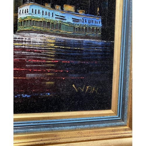 285 - A FRAMED HONG KONG VELVET PAINTED NIGHT SKYLINE, signed with initials lower right. Dimensions: 64.5c... 