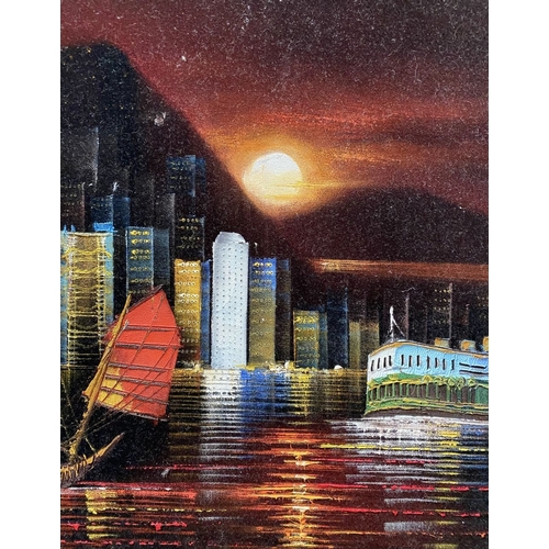 285 - A FRAMED HONG KONG VELVET PAINTED NIGHT SKYLINE, signed with initials lower right. Dimensions: 64.5c... 