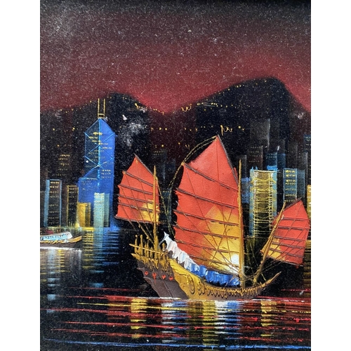 285 - A FRAMED HONG KONG VELVET PAINTED NIGHT SKYLINE, signed with initials lower right. Dimensions: 64.5c... 