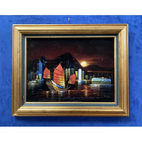 285 - A FRAMED HONG KONG VELVET PAINTED NIGHT SKYLINE, signed with initials lower right. Dimensions: 64.5c... 