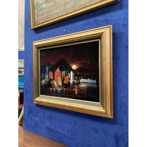 285 - A FRAMED HONG KONG VELVET PAINTED NIGHT SKYLINE, signed with initials lower right. Dimensions: 64.5c... 