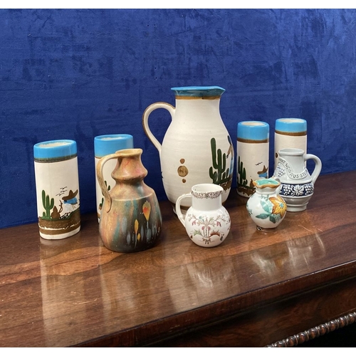 286 - A COLLECTION OF PAINTED TABLEWARE, to include painted Mexican pitcher and tumblers, hand painted Ger... 