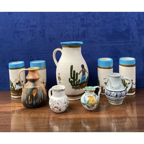 286 - A COLLECTION OF PAINTED TABLEWARE, to include painted Mexican pitcher and tumblers, hand painted Ger... 