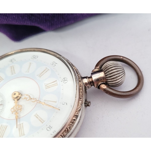 295 - A SILVER REMONTOIR CYLINDRE 8 RUBIS LADIES POCKET WATCH, lovely light blue & white dial with roman n... 