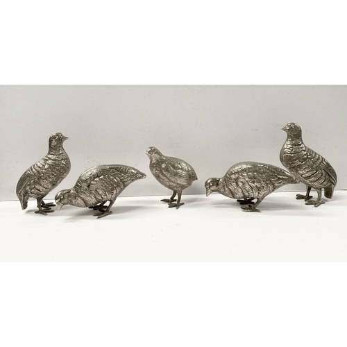 300 - A COLLECTION OF FIVE WHITE METAL QUAILS/GAME BIRDS, possibly silver plated, no visible marked, nicel... 