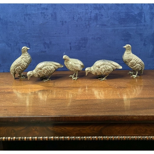 300 - A COLLECTION OF FIVE WHITE METAL QUAILS/GAME BIRDS, possibly silver plated, no visible marked, nicel... 