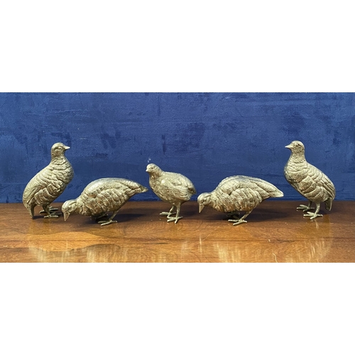 300 - A COLLECTION OF FIVE WHITE METAL QUAILS/GAME BIRDS, possibly silver plated, no visible marked, nicel... 