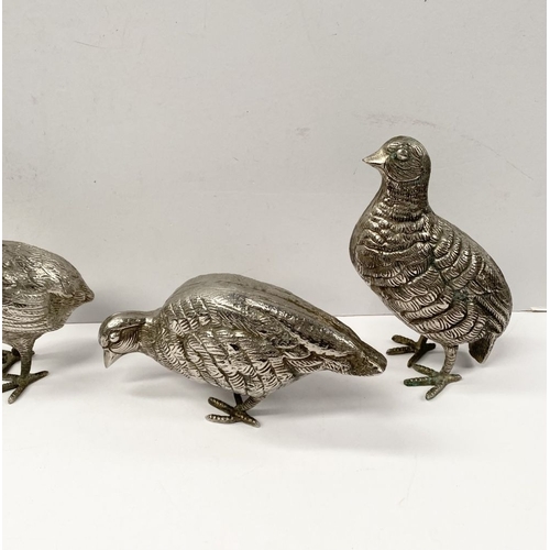 300 - A COLLECTION OF FIVE WHITE METAL QUAILS/GAME BIRDS, possibly silver plated, no visible marked, nicel... 