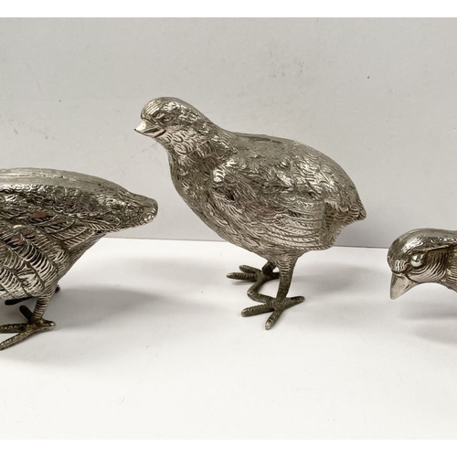 300 - A COLLECTION OF FIVE WHITE METAL QUAILS/GAME BIRDS, possibly silver plated, no visible marked, nicel... 