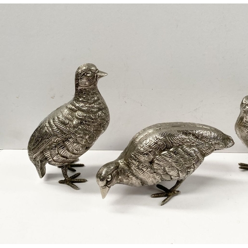 300 - A COLLECTION OF FIVE WHITE METAL QUAILS/GAME BIRDS, possibly silver plated, no visible marked, nicel... 