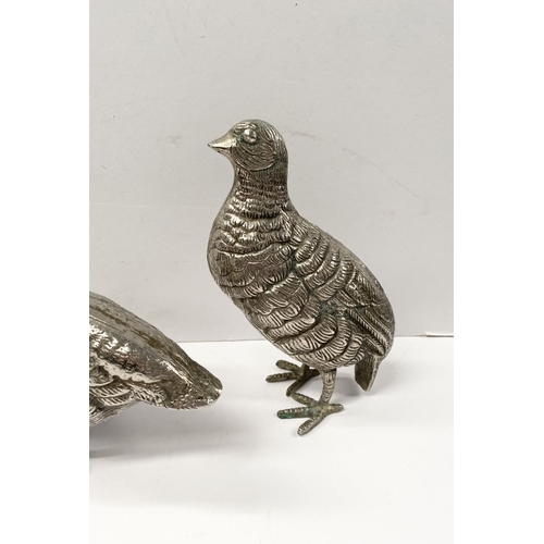 300 - A COLLECTION OF FIVE WHITE METAL QUAILS/GAME BIRDS, possibly silver plated, no visible marked, nicel... 