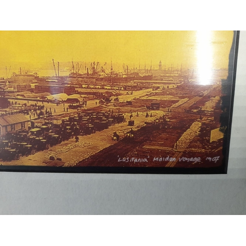 326 - A FRAMED COLOURED PRINT OF LUSITANIA, on the day of its maiden voyage 1907, nicely frame. Dimensions... 