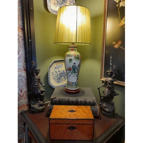 329 - A CHINESE FAMILLE ROSE PAINTED TABLE LAMP, the exterior finely decorated with painted figural pictur... 