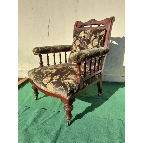 330 - A WELL-MADE MAHOGANY VICTORIAN PARLOUR CHAIR, with carving to frame of backrest, upholstered backres... 