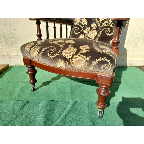 330 - A WELL-MADE MAHOGANY VICTORIAN PARLOUR CHAIR, with carving to frame of backrest, upholstered backres... 