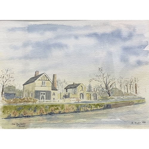 345 - R. RYAN (Irish, 20th Century), ‘OLD GASWORKS NAAS’, watercolour on paper, titled lower left, signed ... 