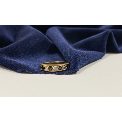 352 - A LOVELY 9CT YELLOW GOLD DIAMOND & SAPPHIRE RING, with four round cut sapphires separated by three r... 