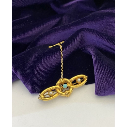 353 - A BEAUTIFUL  9CT YELLOW GOLD TURQUOISE & SEED PEARL BROOCH, circular turquoise stone claw set within... 