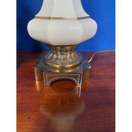 357 - AN EXCELLENT PAIR OF PORCELAIN TABLE LAMPS, brass tone supports and base supporting shaped porcelain... 