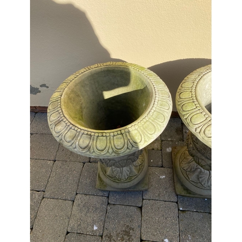 367 - AN EXCELLENT PAIR OF STONE GARDEN URNS, with acanthus leaves to body, raised on supports on square b... 