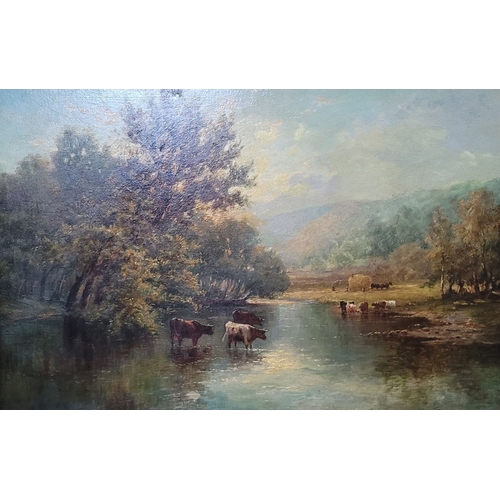 45 - AFTER ALFRED DE BREANSKI, Snr., (BRITISH, 1852 – 1928) CATTLE WATERING, with farmers beyond. Oil on ... 