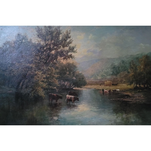 45 - AFTER ALFRED DE BREANSKI, Snr., (BRITISH, 1852 – 1928) CATTLE WATERING, with farmers beyond. Oil on ... 