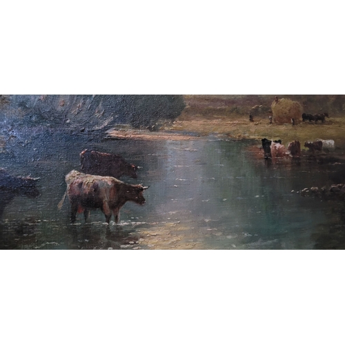 45 - AFTER ALFRED DE BREANSKI, Snr., (BRITISH, 1852 – 1928) CATTLE WATERING, with farmers beyond. Oil on ... 