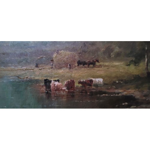 45 - AFTER ALFRED DE BREANSKI, Snr., (BRITISH, 1852 – 1928) CATTLE WATERING, with farmers beyond. Oil on ... 