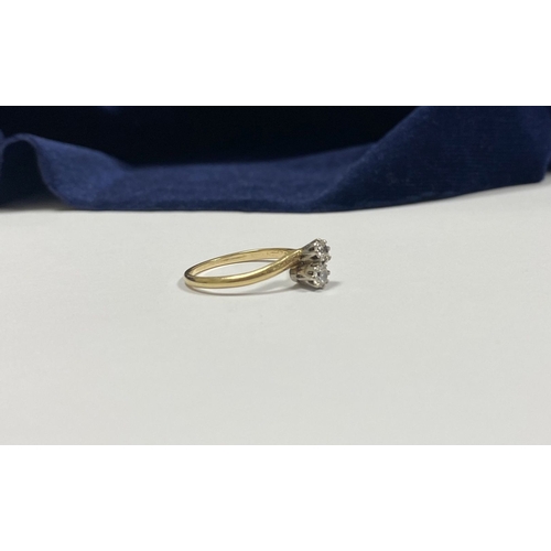 52 - A BEAUTIFUL 14CT YELLOW GOLD TWO STONE DIAMOND RING, two round cut diamonds claw set in raised prong... 