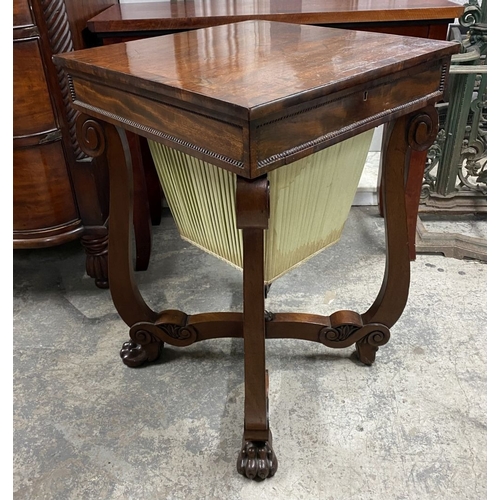 53 - A 19TH CENTURY SEWING/WORKS TABLE, the crossbanded lift top opening to fitted removable tray, above ... 