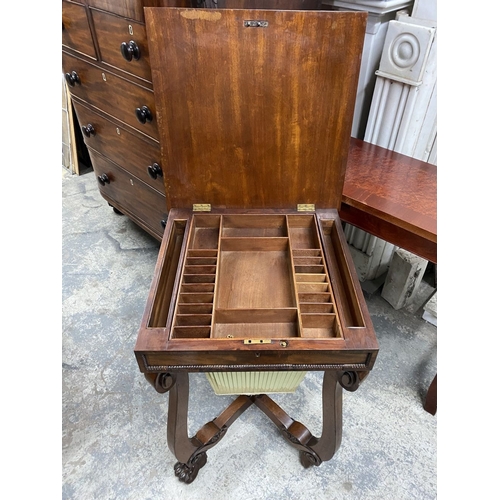 53 - A 19TH CENTURY SEWING/WORKS TABLE, the crossbanded lift top opening to fitted removable tray, above ... 