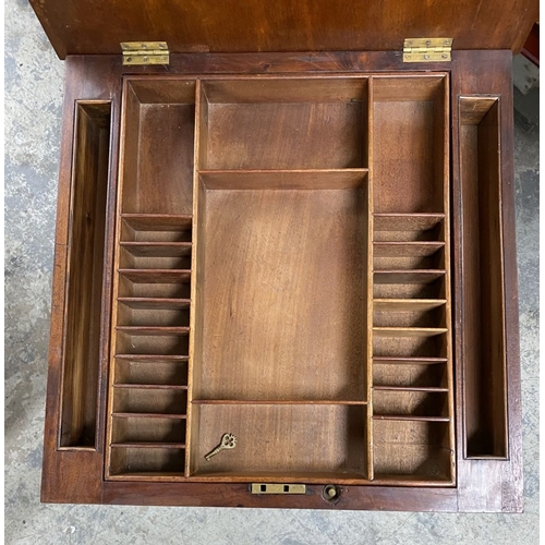 53 - A 19TH CENTURY SEWING/WORKS TABLE, the crossbanded lift top opening to fitted removable tray, above ... 