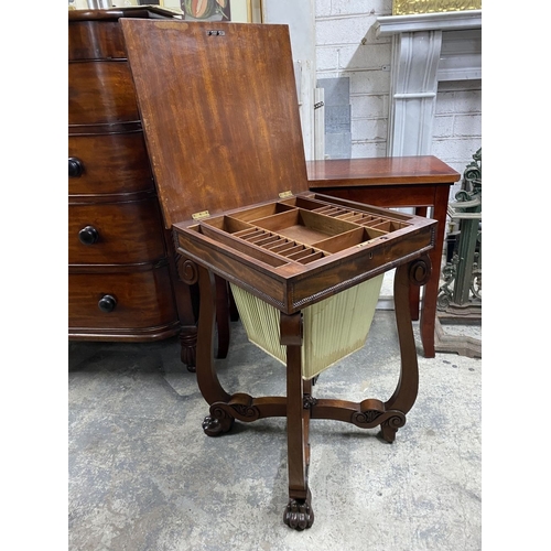 53 - A 19TH CENTURY SEWING/WORKS TABLE, the crossbanded lift top opening to fitted removable tray, above ... 