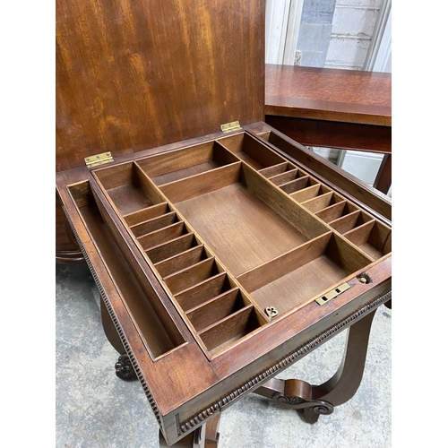 53 - A 19TH CENTURY SEWING/WORKS TABLE, the crossbanded lift top opening to fitted removable tray, above ... 