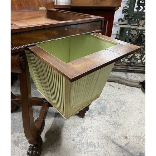 53 - A 19TH CENTURY SEWING/WORKS TABLE, the crossbanded lift top opening to fitted removable tray, above ... 