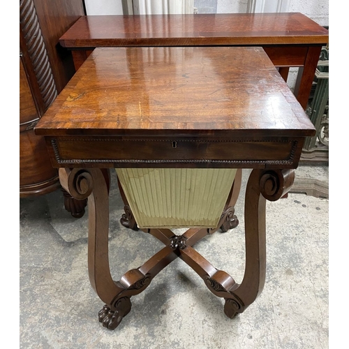 53 - A 19TH CENTURY SEWING/WORKS TABLE, the crossbanded lift top opening to fitted removable tray, above ... 