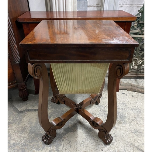 53 - A 19TH CENTURY SEWING/WORKS TABLE, the crossbanded lift top opening to fitted removable tray, above ... 