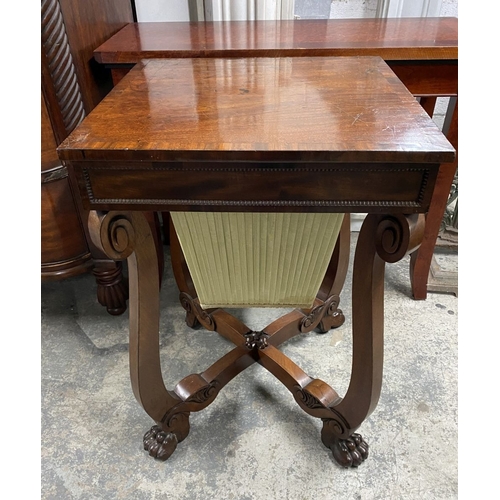 53 - A 19TH CENTURY SEWING/WORKS TABLE, the crossbanded lift top opening to fitted removable tray, above ... 