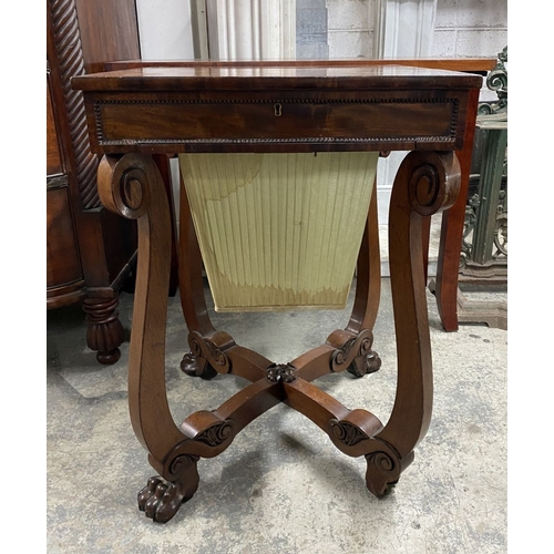 53 - A 19TH CENTURY SEWING/WORKS TABLE, the crossbanded lift top opening to fitted removable tray, above ... 