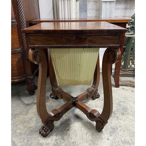 53 - A 19TH CENTURY SEWING/WORKS TABLE, the crossbanded lift top opening to fitted removable tray, above ... 