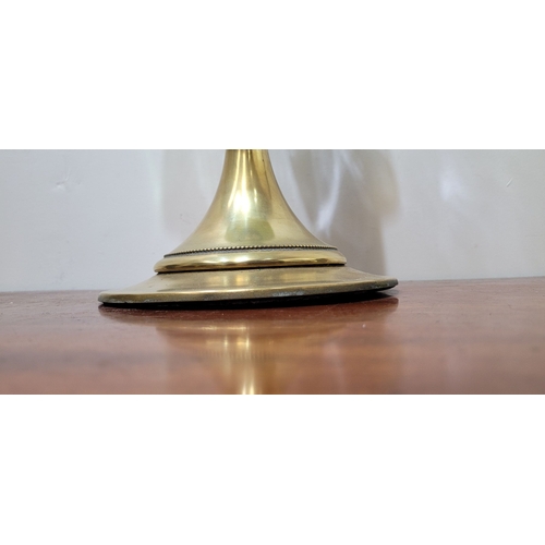 67 - A LATE 19TH CENTURY BRASS BASED OIL LAMP, the large lamp is on a circular brass base and column, wit... 