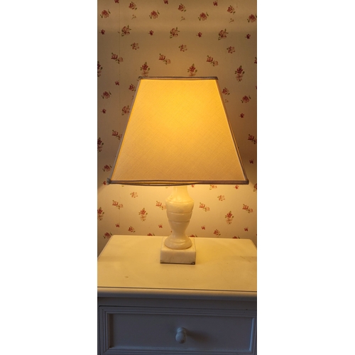 83 - A SMALL TURNED ALABASTER TABLE LAMP / BEDSIDE LAMP, with a shade. Dimensions: 39.5cm tall with shade... 